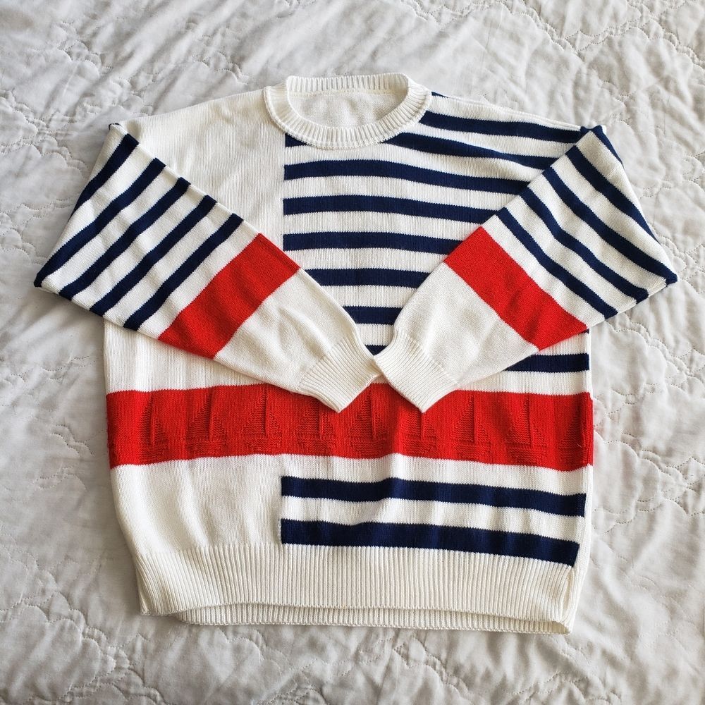 Vintage 80s Preppy Breton Nautical Sailboat Sweater, Classic Americana Wasp Knit